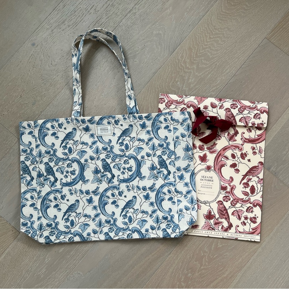 NEW Sezane & Antoinette Poisson Cotton Blue Bird Pattern Tote Bag + a gift pouch